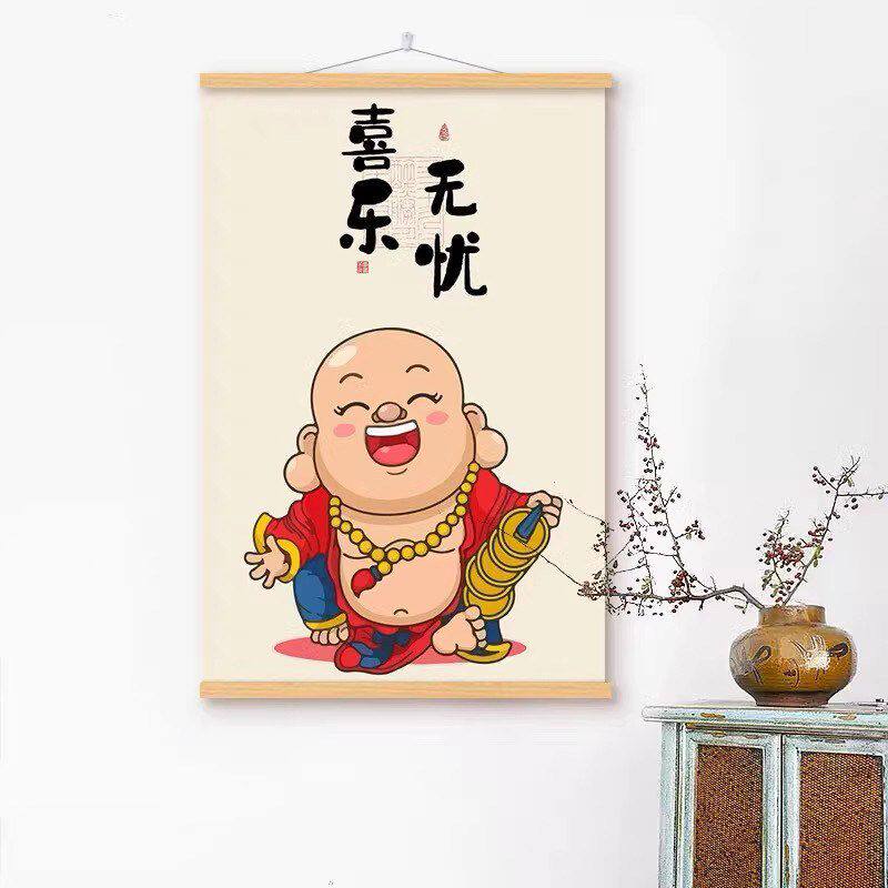 弥勒佛恭喜发财无忧卡通装饰画搞笑喜乐挂画趣味壁画文字佛系国潮