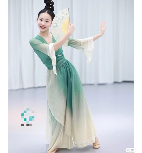 绿萝裙舞蹈服装古典舞飘逸套装春三月演出服入莲间绿色渐变表演服