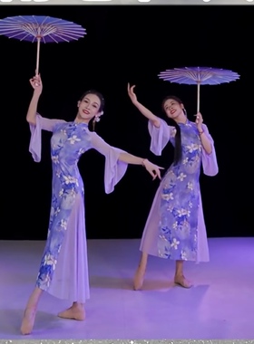 雨巷佳人舞蹈服装人间烟火演出服高弹力舞蹈旗袍裙夏辉同款紫色