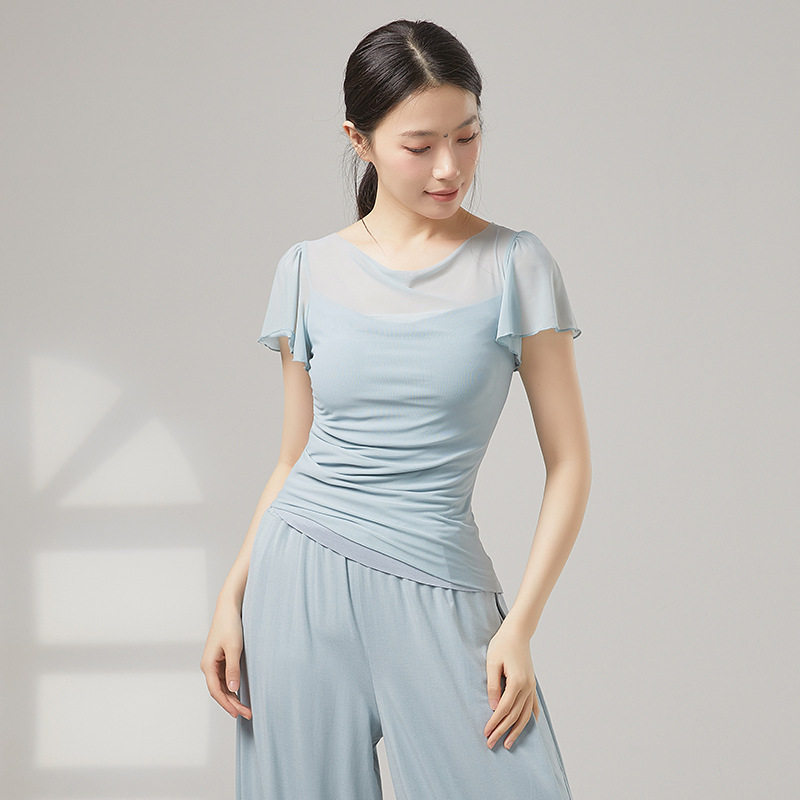 梦迪蓝色舞蹈服上衣现代舞蹈服修身短袖中国舞民族练功服形体服女