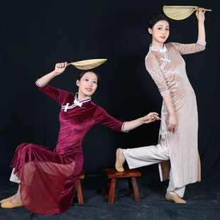 外婆桥弹力舞蹈旗袍一荤一素声声慢演出服渔光曲长款开叉旗袍裙女