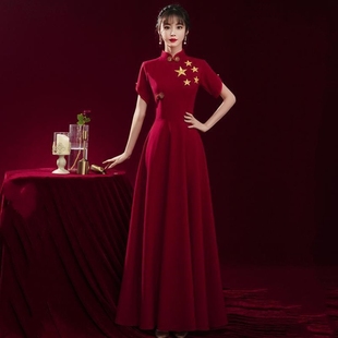 大合唱团演出服女长裙红色主持人红歌诗朗诵旗袍比赛十一晚礼服装