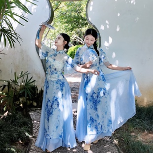 古典舞青花瓷演出服中国舞苏州慢念琵琶舞蹈服中国舞蓝色旗袍套装