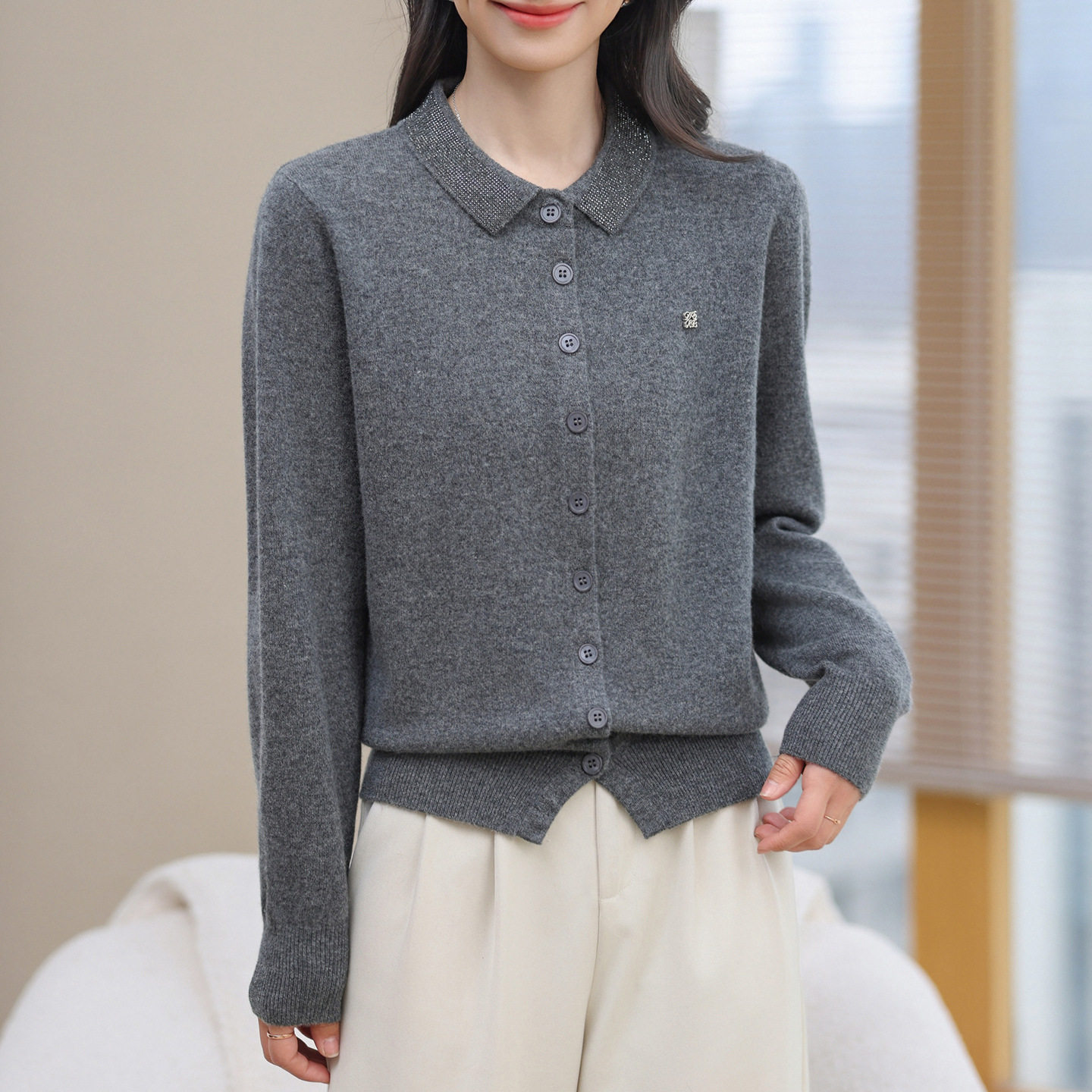 2026春装翻领针织开衫女纯羊毛