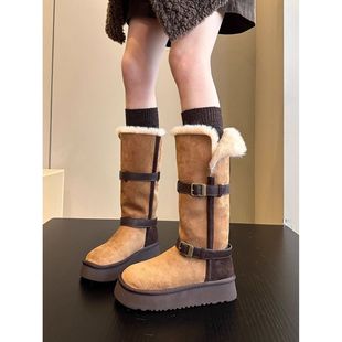 真皮厚底两穿雪地靴女冬季 皮毛一体翻边毛毛长筒靴子加绒保暖棉鞋