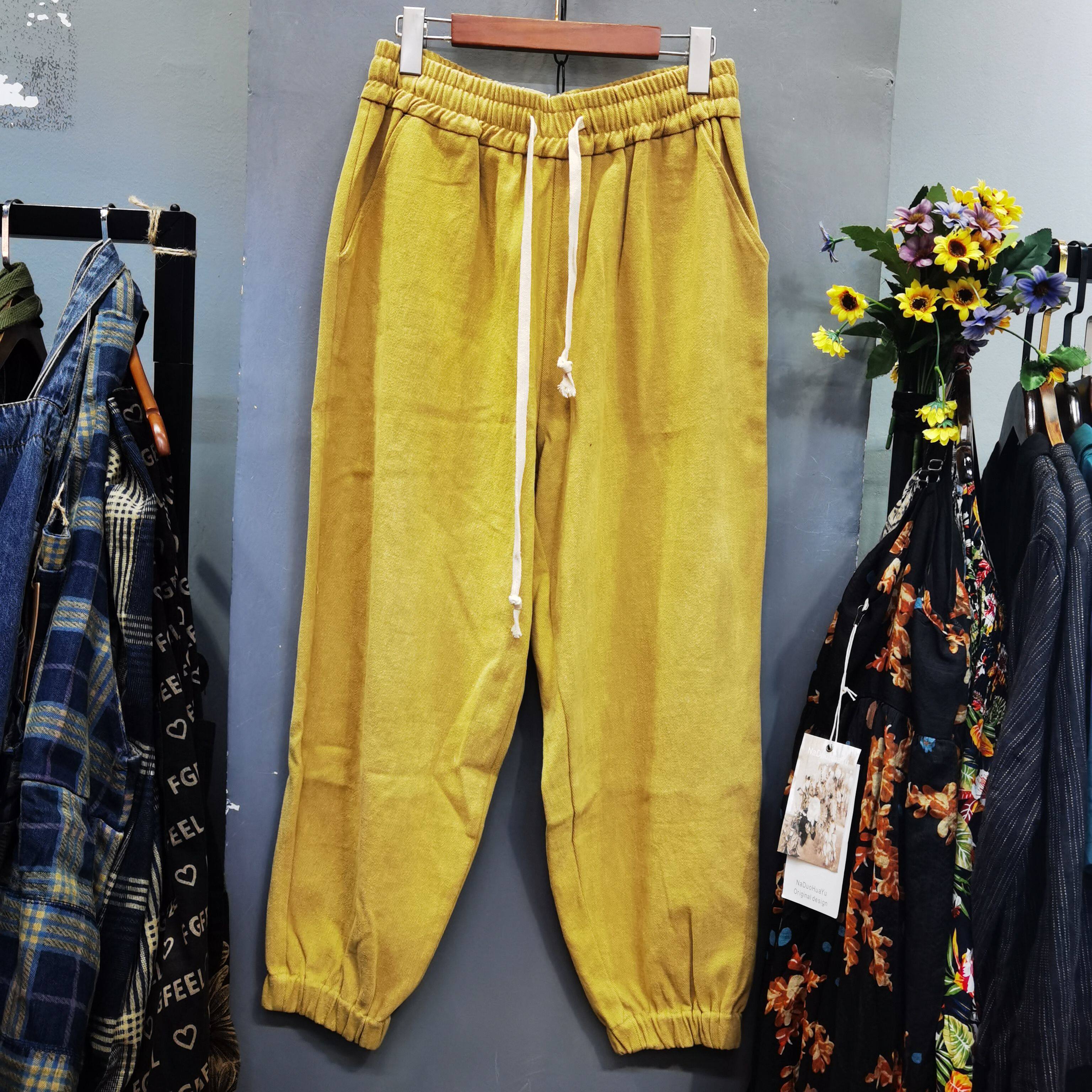 秋冬季韩版磨毛高腰口袋束脚卫裤显瘦黄色宽松休闲运动裤百搭女潮