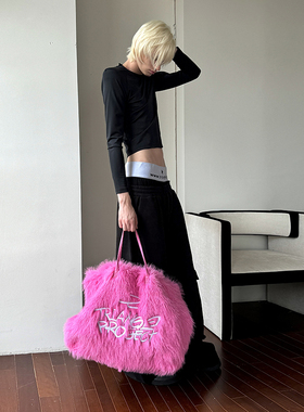 欧美时尚皮草手拎包手提单肩托特包包粉色刺绣女生毛毛绒手提大包