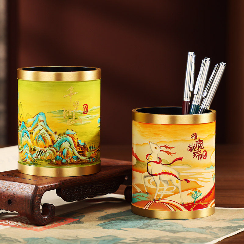 黄铜笔筒摆件中国风山水画 画办公室桌面装饰品创意教师节礼品
