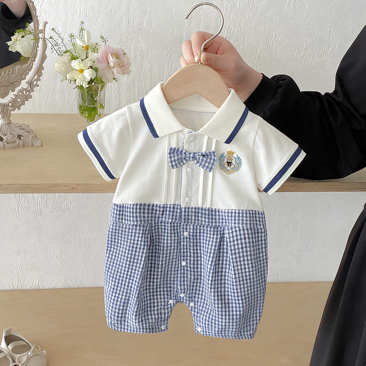 婴幼儿学院风带领结连体衣绅士polp衫短袖婴儿爬服男宝宝夏天衣服
