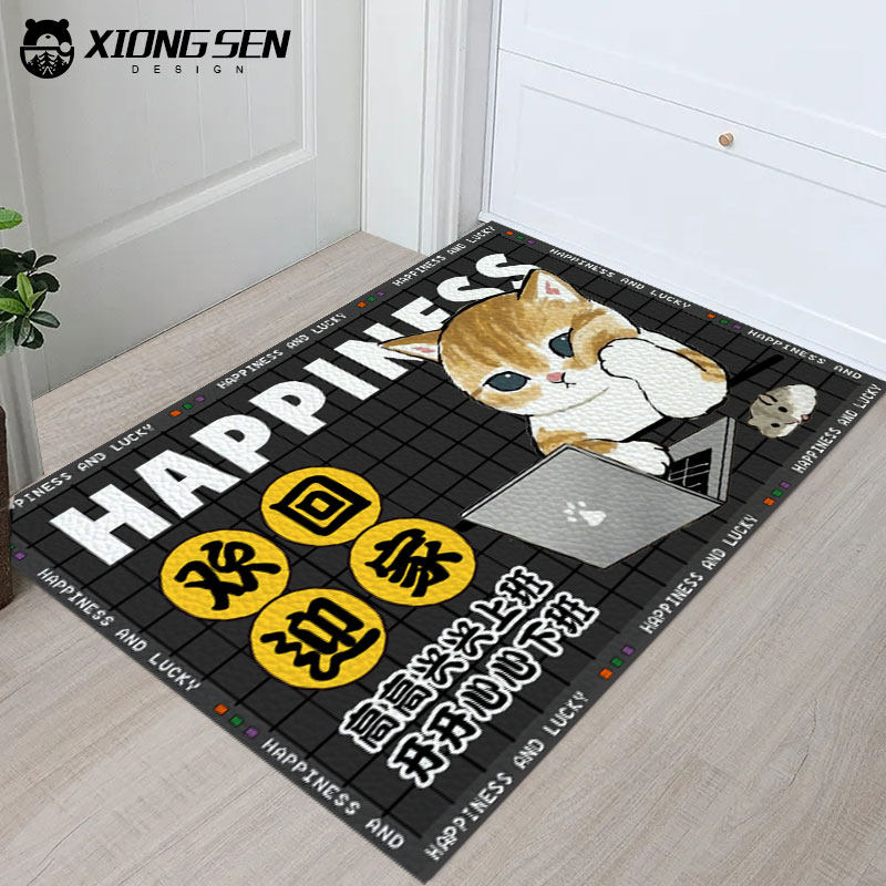 社畜猫咪上班开心回家国潮皮革地垫入户垫子防滑免洗款进门口脚垫