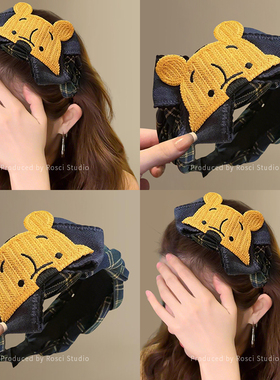 可爱黄色小熊蓝绿格纹发箍女蝴蝶结宽边头箍发卡韩系发饰2026新款