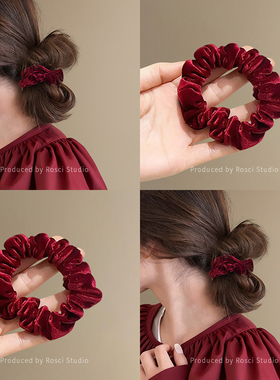 秋冬复古红色丝绒小肠发圈光泽感女款高弹力耐用扎发头绳马尾发饰