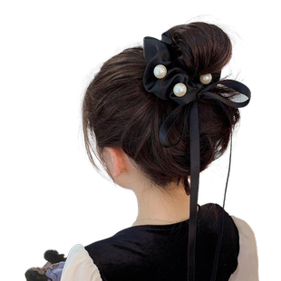 珍珠黑色飘带头饰发绳新款超仙大肠发圈皮筋扎头女高级感气质发饰