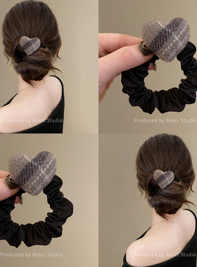 灰色毛呢爱心发圈女2026新款秋冬气质高级感马尾扎丸子头皮筋发饰
