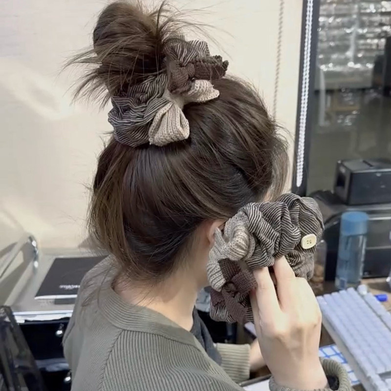 巨好看大肠发圈女高级感2026新款韩版条纹毛线蝴蝶结发绳丸子头花