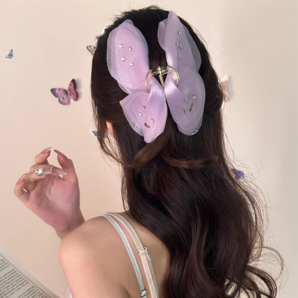 超仙薄纱闪钻蝴蝶抓夹女2025新款高级感后脑勺大号鲨鱼夹半扎发饰