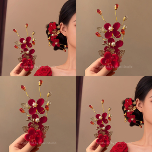 新中式红色花朵珍珠发夹女刘海侧边鸭嘴夹新娘敬酒服订婚发饰发卡