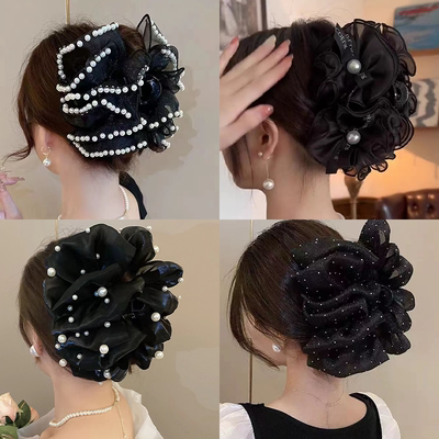 小香风珍珠花朵抓夹女大号后脑勺