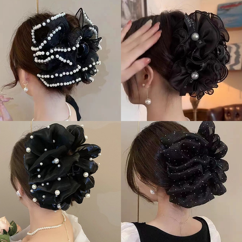 小香风珍珠花朵抓夹女大号后脑勺优雅气质发夹盘发鲨鱼夹发饰夹子 - 封面