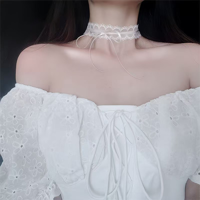 超仙黑白蕾丝蝴蝶结choker项链2025款森系少女系带颈链长款锁骨链