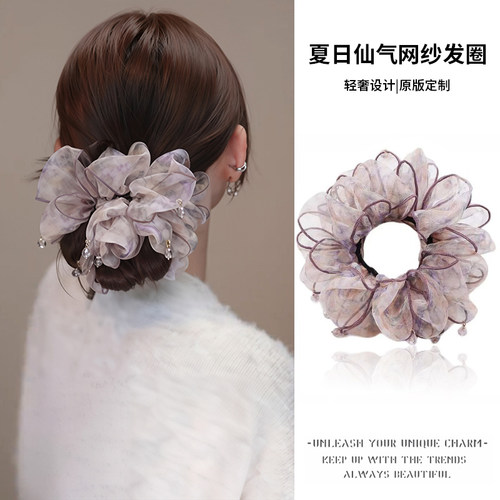 韩版夏季网纱花朵大肠发圈女高级感2026新款头花发饰扎头发绳头饰