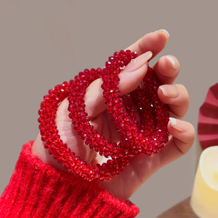 红色水钻穿珠发圈女新款气质名媛手链扎头发两用发绳韩国简约头绳