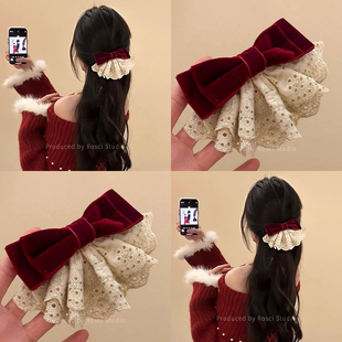 复古高级感红色丝绒蝴蝶结弹簧夹蕾丝裙摆发饰女2026新款半扎发夹