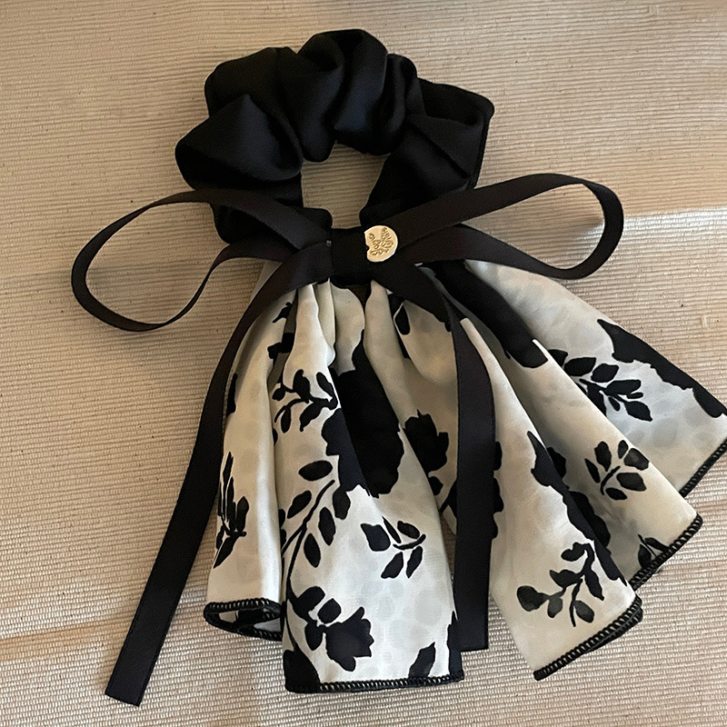 法式复古黑色碎花蝴蝶结大肠发圈低马尾发绳女2025新款飘带头花