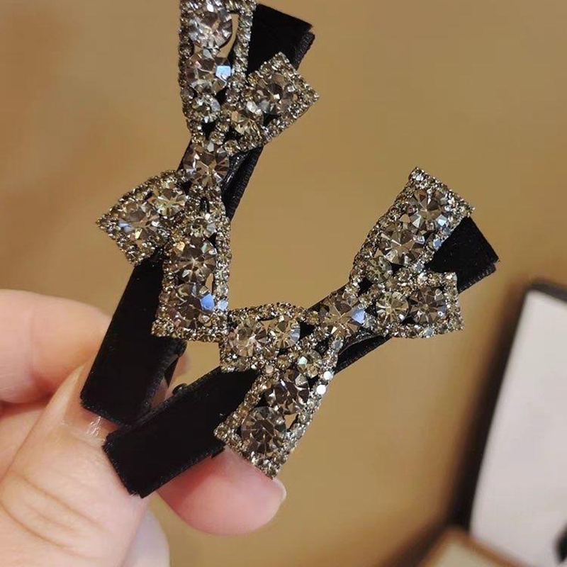 丝绒蝴蝶结发夹满钻轻奢刘海夹