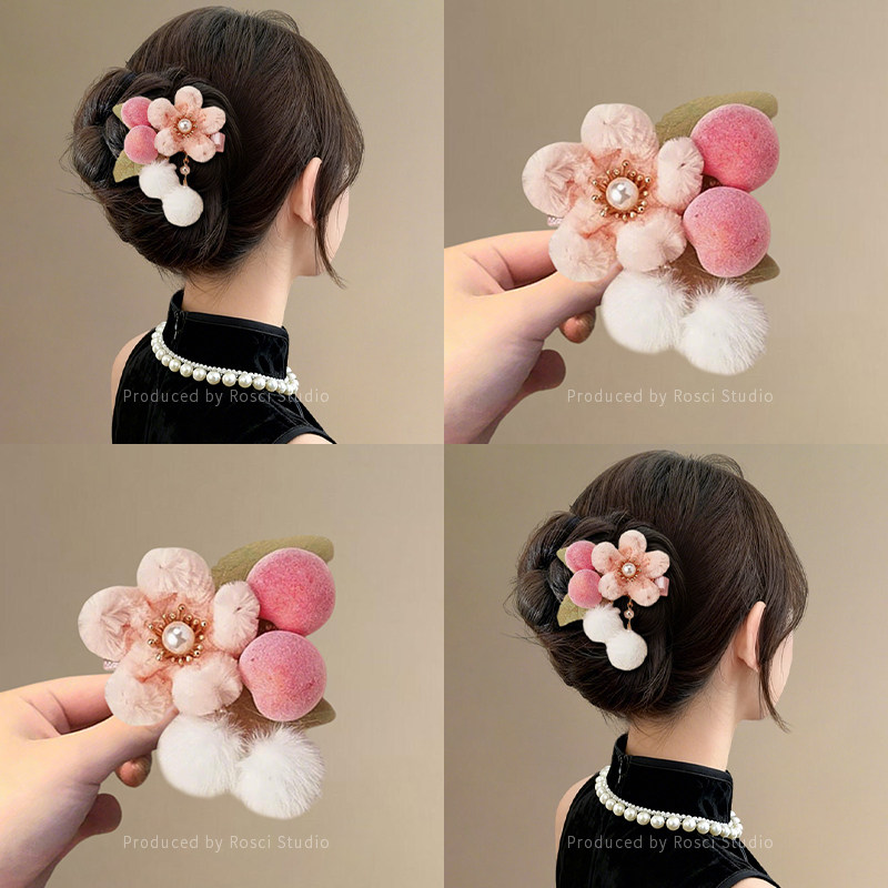 可爱桃子发夹女后脑勺秋冬毛绒花朵鸭嘴夹侧边夹古风汉服头饰配饰