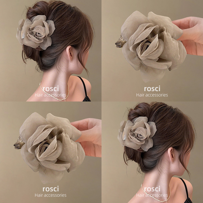 云雾玫瑰花朵头发抓夹女后脑勺2025新款森系鲨鱼夹高级感头饰发卡