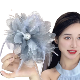 珍珠羽毛盘发抓夹花朵发夹女后脑勺氛围感鲨鱼夹大号头花头饰发饰