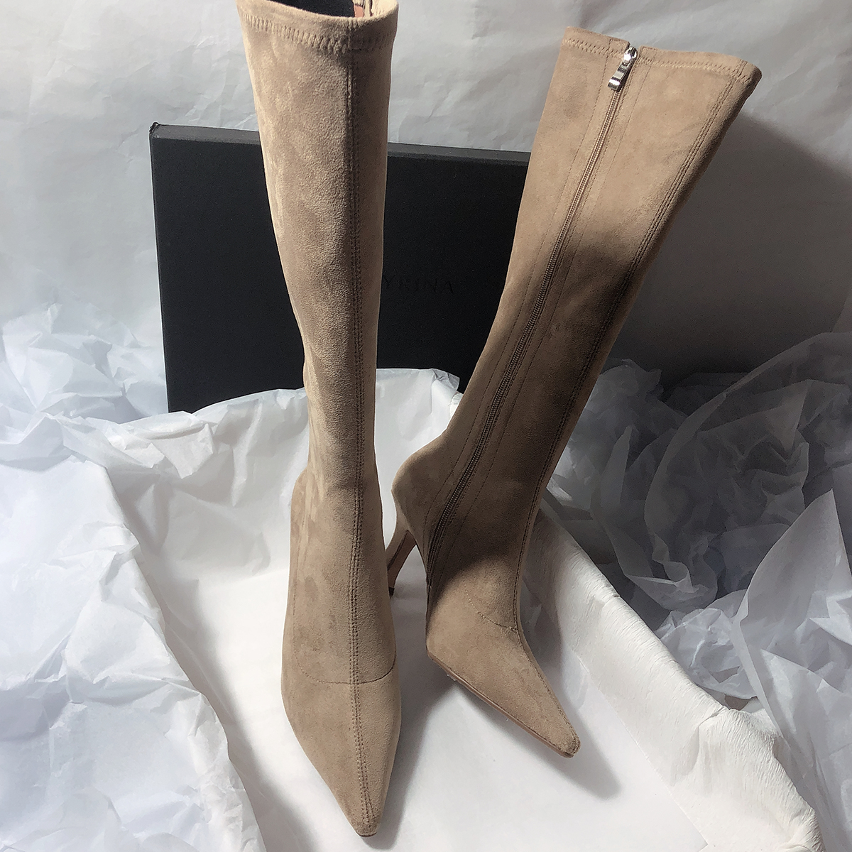 韩版简约长靴不过膝弹力靴绒面高筒瘦瘦靴长筒侧拉链尖头高跟靴