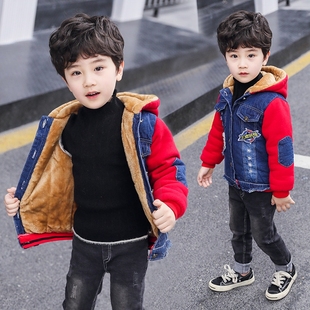 男童加绒牛仔外套2女宝宝加厚韩版连帽棉袄上衣1-5岁儿童秋冬装潮