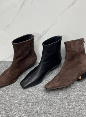 weslien Rowe外贸真皮秋冬低跟短靴女粗跟方头极简后拉链超软单靴