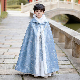 男童汉服中国风古风斗篷披风男孩加绒加厚连帽长款保暖外套冬季蓝