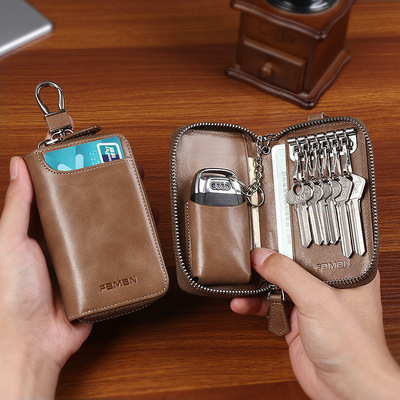 网红复古钥匙包男真皮大容量拉链