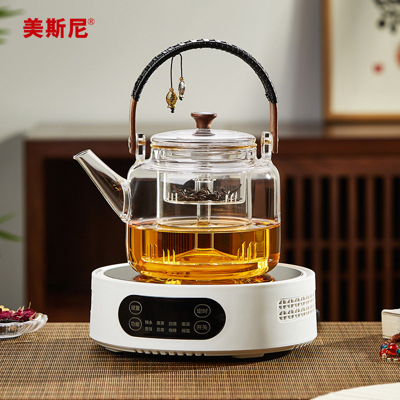 美斯尼玻璃煮茶壶耐高温蒸煮茶器黑晶炉专用烧水壶围炉提梁壶茶具