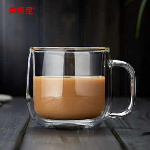 双层玻璃咖啡杯加厚耐高温透明早餐杯带盖勺家用带把水杯直饮茶杯