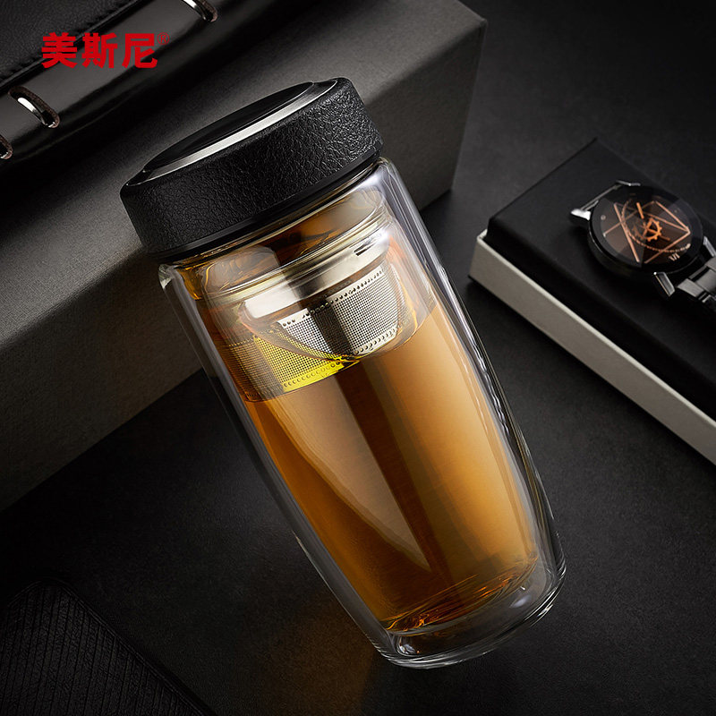 美斯尼双层玻璃杯带盖子茶水分离杯可携式保温水杯男高档耐热泡茶