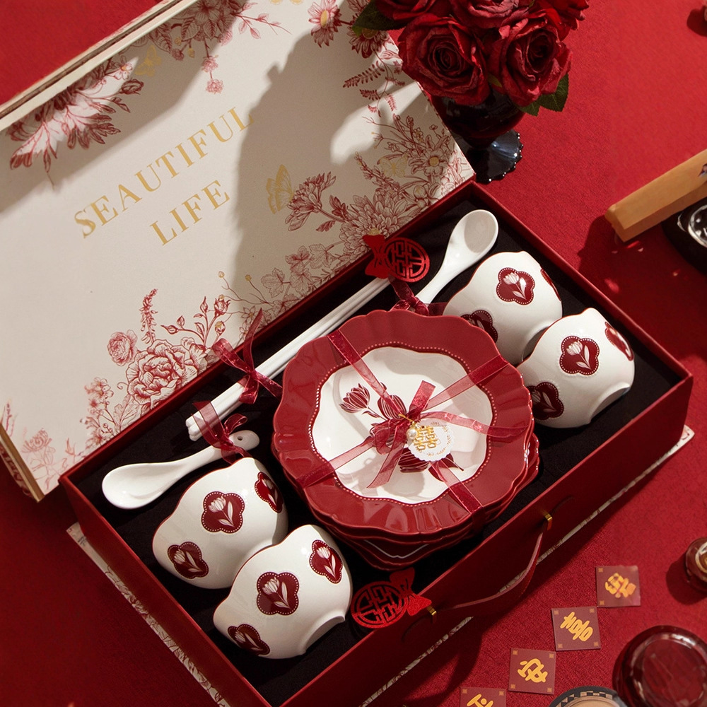 中古郁金香红色陶瓷餐具碗盘碟家用高级感托盘黑白餐盘釉下彩礼品