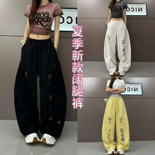 美式复古蕾丝镂空两穿阔腿裤女