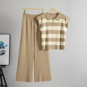 休闲翻领无袖 针织衬衫 阔腿长裤 跨境欧美女装 套装 新款 时尚 2026夏季