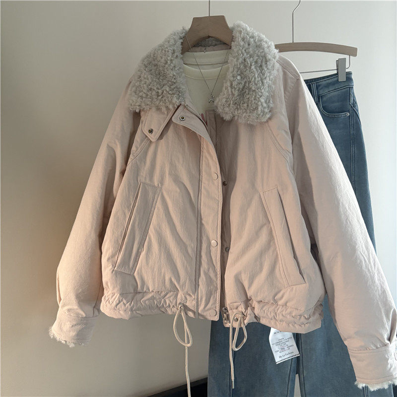 韩国订单宽松羊羔毛翻领粉色羽绒服女冬季加厚保暖派克服宽松外套