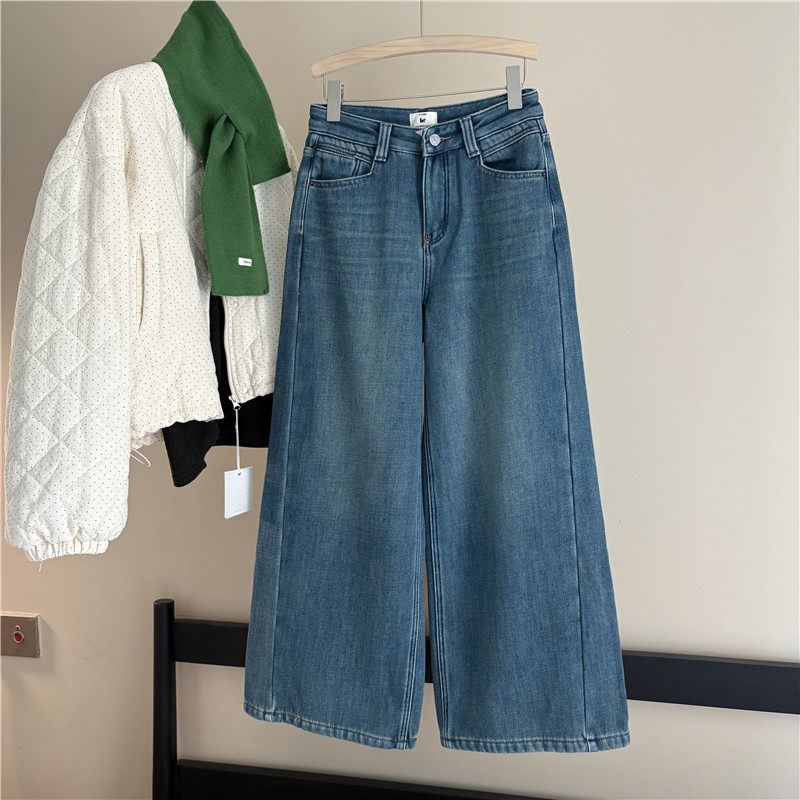 韩国订单秋冬复古高腰直筒阔腿牛仔裤女斜线显瘦宽松九分弯刀裤潮