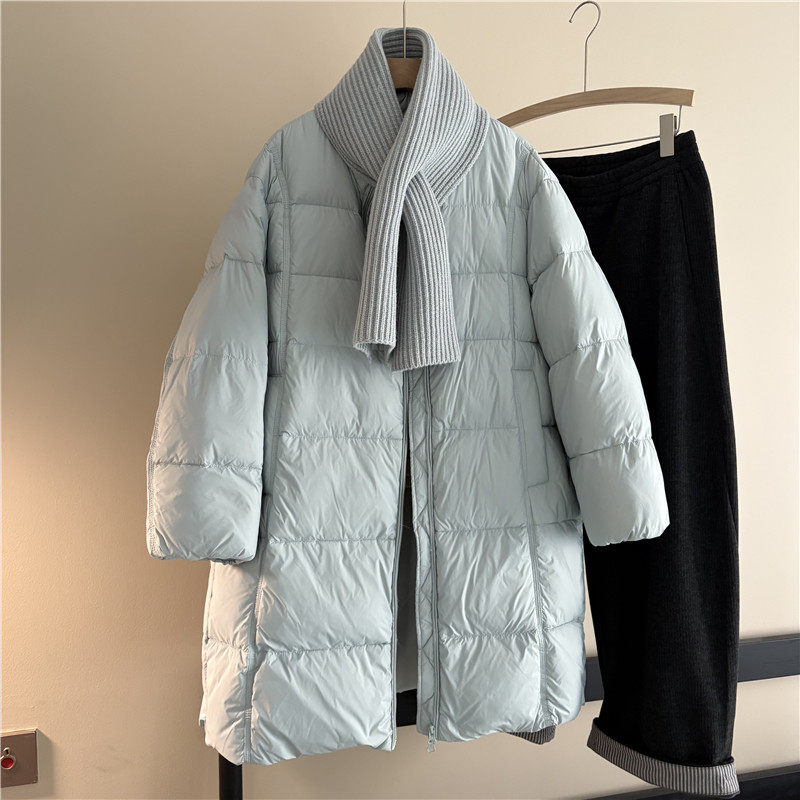 韩国订单秋冬90白鸭绒羽绒服女中长款立领保暖围巾两件套显瘦外套