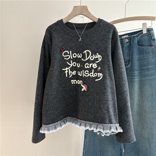 韩国订单加绒加厚立体蘑菇刺绣字母长袖T恤女宽松花边下摆保暖冬