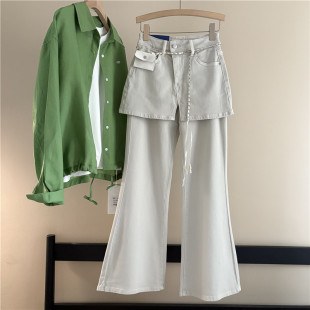 弹力直筒裤 显瘦长裤 女春季 韩国订单复古早春假两件屁帘高腰微喇裤