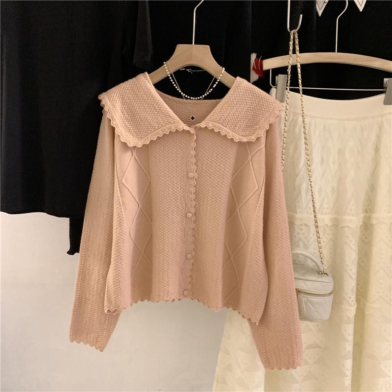 韩国订单浅粉色蕾丝钩花翻领短款针织衫女早春新品温柔风宽松上衣