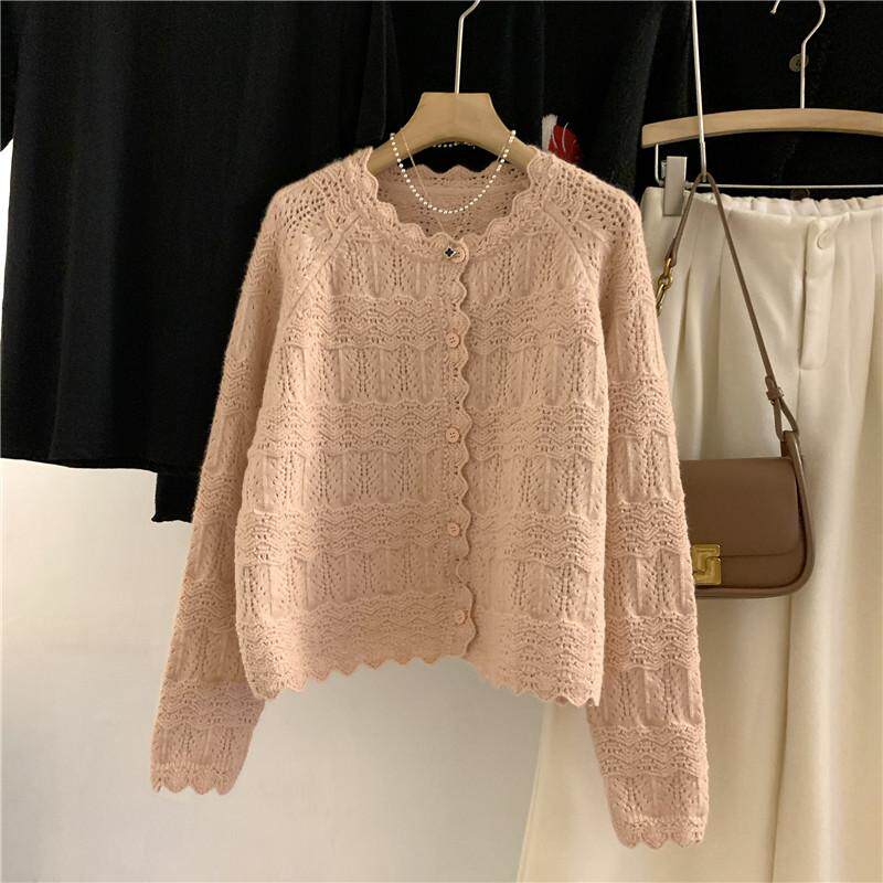 韩国订单粉色钩花镂空针织开衫